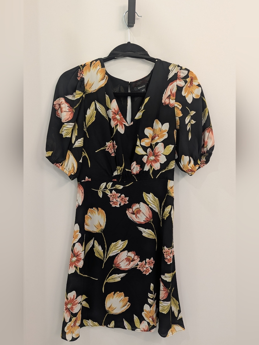RW&CO. Black Floral V-Neck Midi Dress with Pink & Yellow Blooms